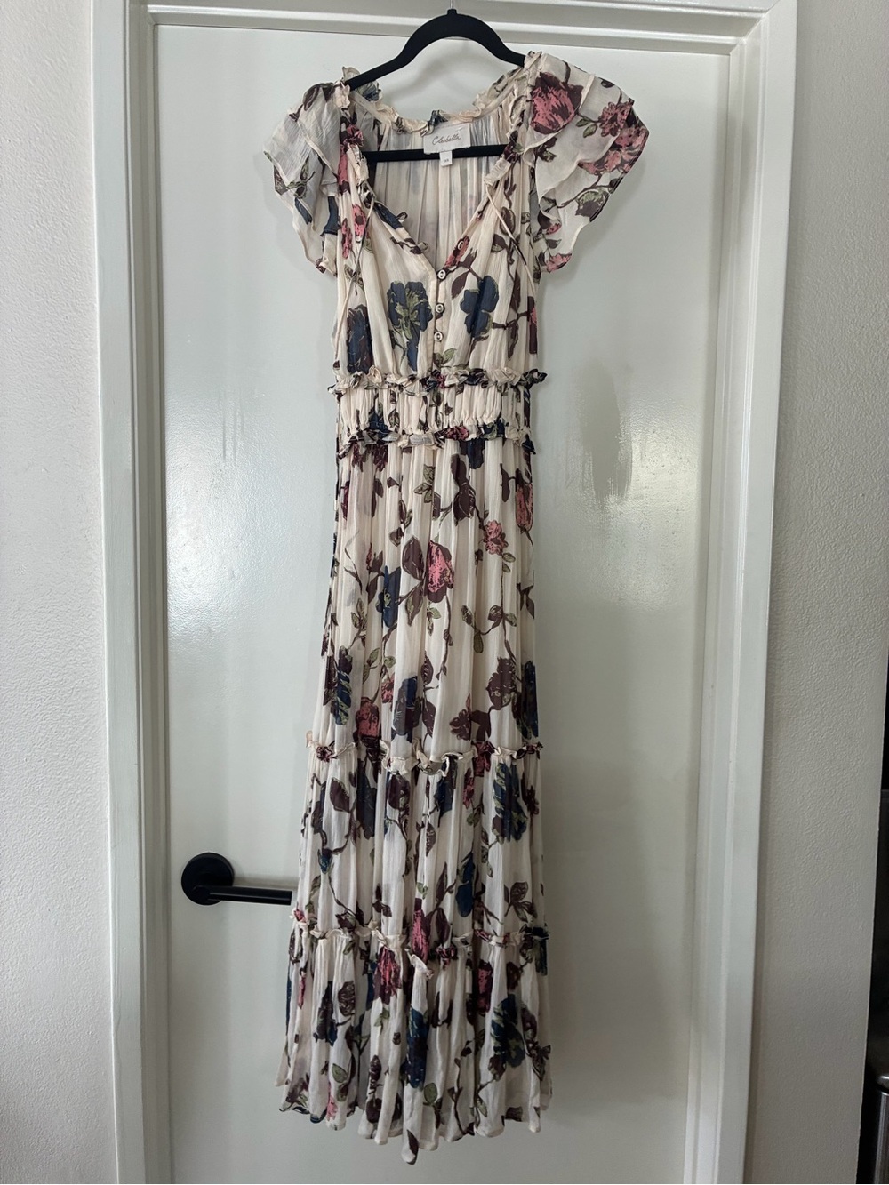 Cleobella Ivory Floral Tiered Maxi Dress with Pink & Blue Accents